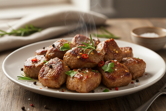 cooked boneless goat meat on a plate